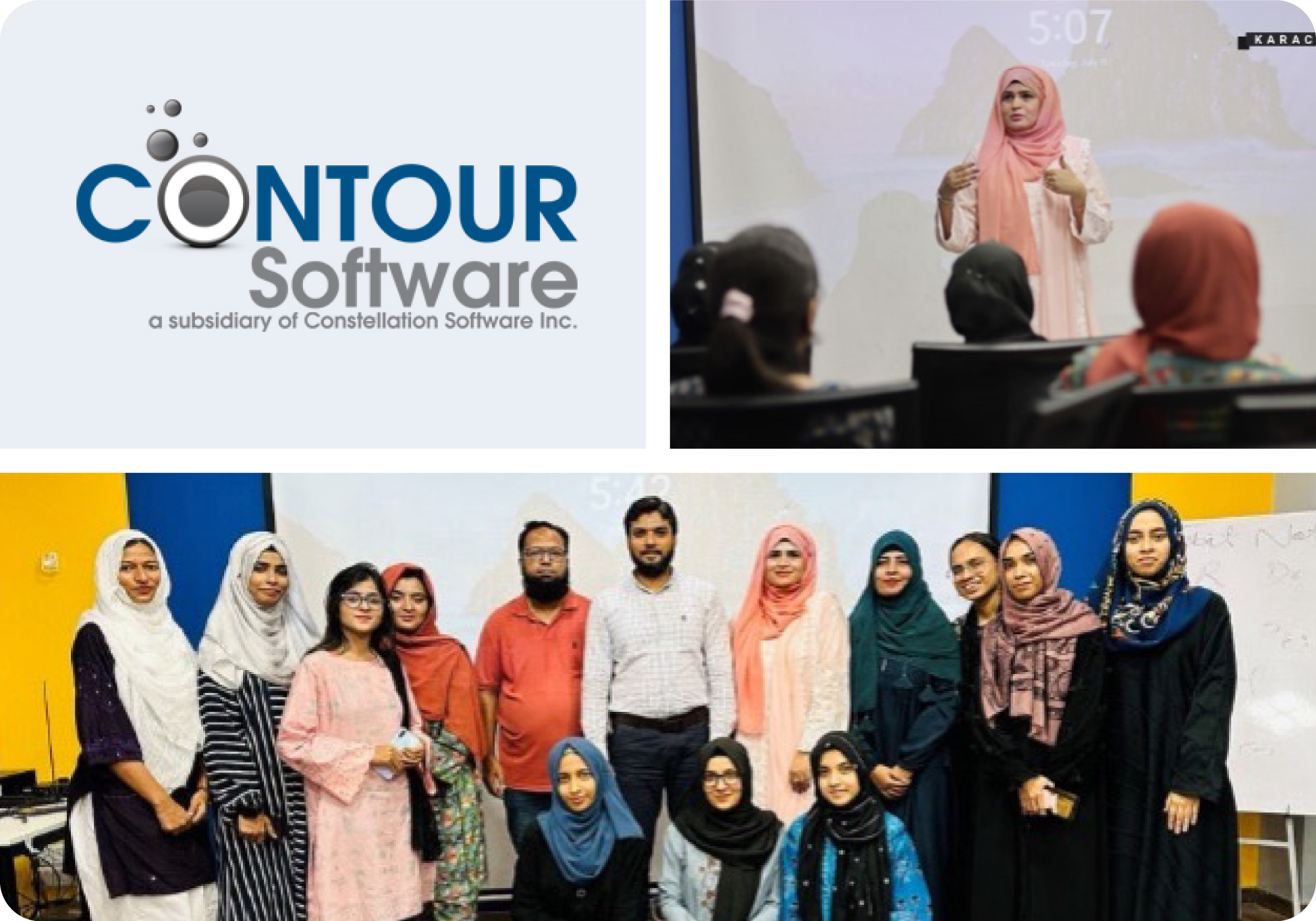 Photo collage of Contour Software employees conducting CodeGirls boot camps
