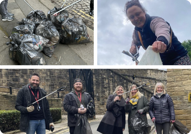 Photo collage of Volaris SSP employees picking up litter in their community