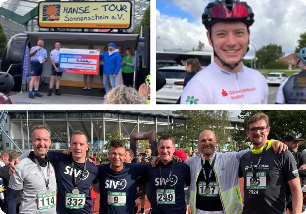 Photo collage of SIV employees participating in the Hanse-Tour Sonnenschein bike race.