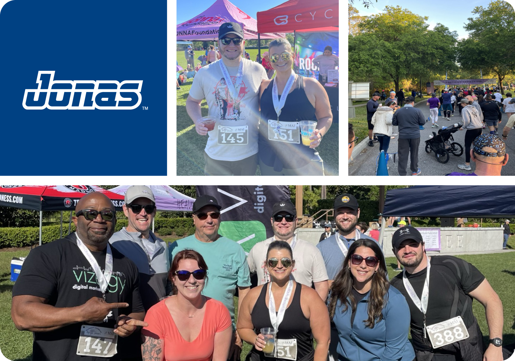 Photo collage of Jonas' Vizergy employees participating in the Apryle Showers run fundraiser.