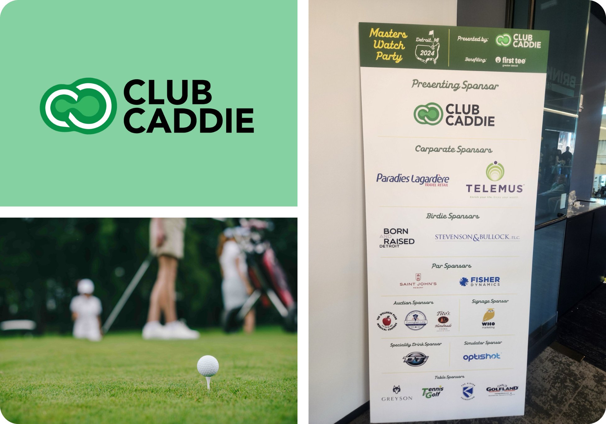 Photo collage of Jonas' Club Caddie business unit sponsoring the 2024 Masters Watch Party.