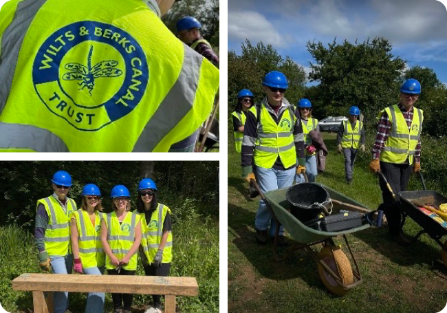 Photo collage of Rialtas employees volunteering at the Wiltshire & Berkshire Canal Trust