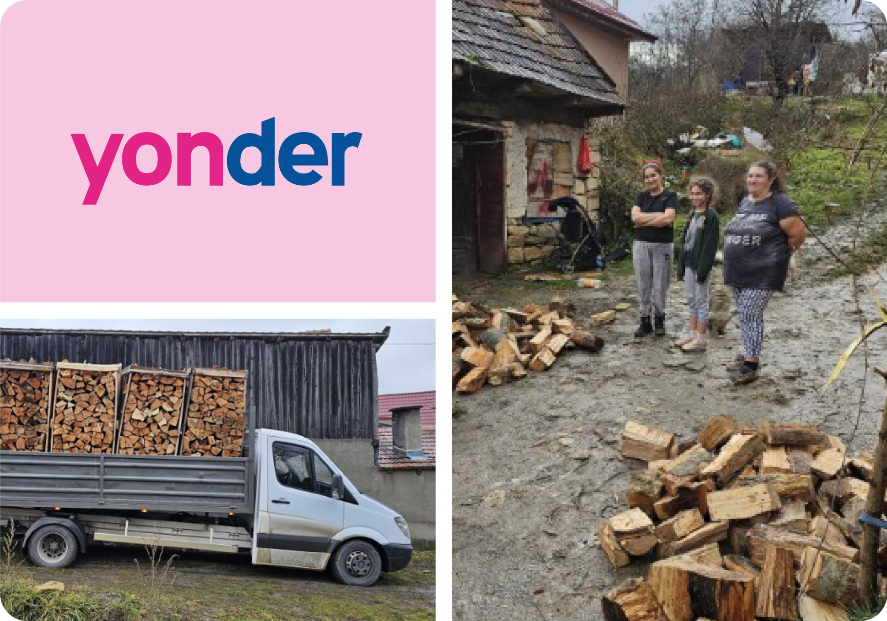 Photo collage of firewood being delivered to families in need