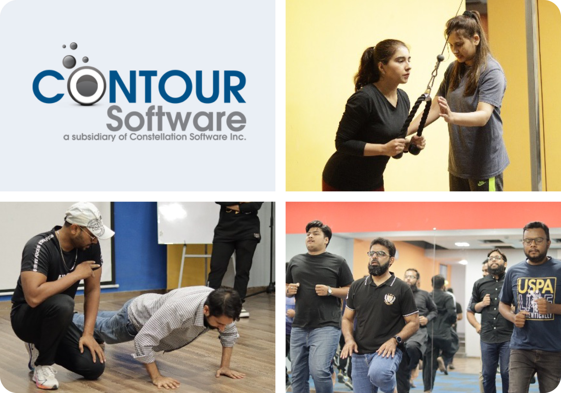 Photo collage of Contour Software employees exercising