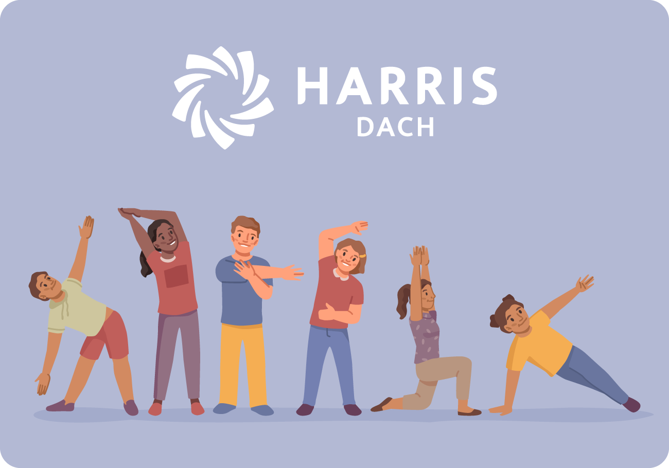 Illustration of Harris DACH employees exercising and stretching