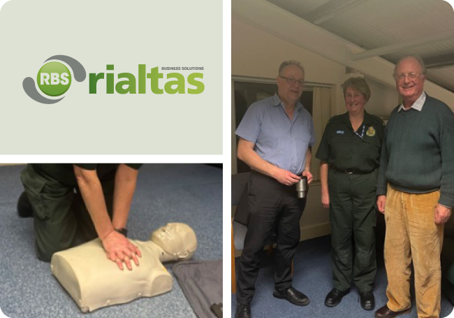 Photo collage of Rialtas employees participating in defibrillator training