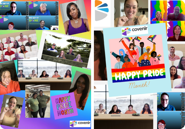 Photo collage of Covenir employees celebrating Pride and mental health